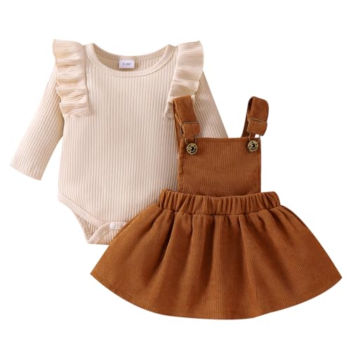 LUVCES Neugeborenes Baby Mädchen Röcke Sets Rüschen Top + Plaid/Dots/Bowknot Overalls Hosenträger Kleid + Stirnband Herbst Winter Kleidung Outfits Set Aprikose 3-6 Monate von LUVCES