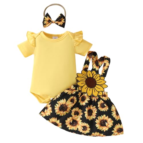 LUVCES Neugeborenes Baby Mädchen Sommer Röcke Sets Kurzarm Rüschen Strampler Top Bedrucktes Overalls Hosenträger Kleid Infant Kleidung Outfit Gelbe Sonnenblume 6-12 Monate von LUVCES