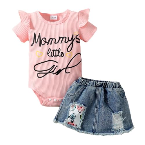 LUVCES Neugeborenes Baby Mädchen kleidung Briefdruck Rüschen Strampler+ Jeans Zerrissener Denim-Rock Säugling Outfit Set 0–18 Monate Rosa Mommy's little girl 0-3 Monate von LUVCES