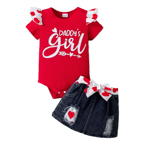 LUVCES Neugeborenes Baby Mädchen kleidung Briefdruck Rüschen Strampler+ Jeans Zerrissener Denim-Rock Säugling Outfit Set 0–18 Monate Rot Daddy's Girl 6-12 Monate von LUVCES