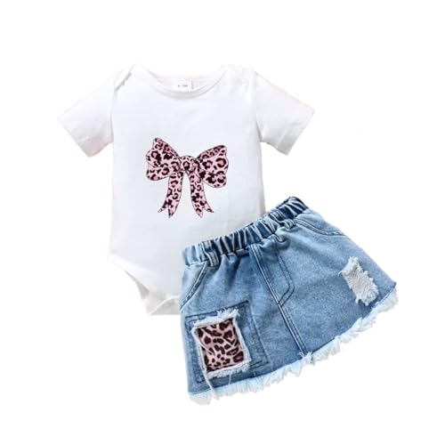 LUVCES Neugeborenes Baby Mädchen kleidung Briefdruck Rüschen Strampler+ Jeans Zerrissener Denim-Rock Säugling Outfit Set Weiße Schleife 6-12 Monate von LUVCES