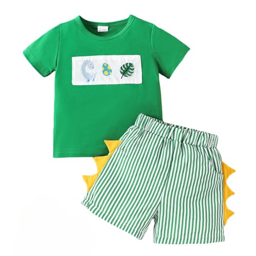 LUVCES Sommer Outfits für Kleinkinder Jungen Süßes Dinosaurier Print Kurzärmliges T-Shirt Oberteil und Elastischen Streifen Shorts Set Grüner Dinosaurier 18-24 Monate von LUVCES