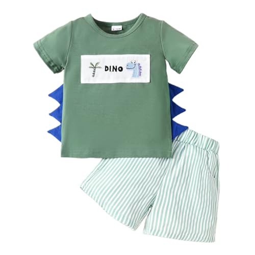 LUVCES Sommer Outfits für Kleinkinder Jungen Süßes Dinosaurier Print Kurzärmliges T-Shirt Oberteil und Elastischen Streifen Shorts Set Hellgrüner Dinosaurier 3-4 Jahre von LUVCES