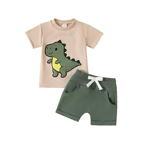 LUVCES Sommerkleidung für Kleinkinder Baby Lustige Buchstaben Stickerei T-Shirt+Elastische Taille Taschen Shorts Set 2-teiliges Frühlings Sommer-Outfit Aprikosen Dinosaurier 18-24 Monate von LUVCES
