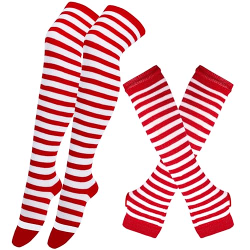 LUVDECO Kniestrümpfe Socken Gestreift Weihnachten Arm Wärmer Frauen fingerlose handschuhe lang Gestreift Oberschenkel Highs Schwarz Rot Weiß Grün für Mädchen Jungen Geschenk Winter (A) von LUVDECO