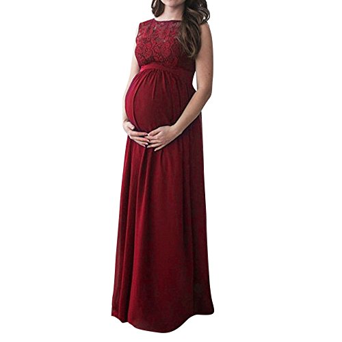 LUVERSCO Kleider Damen Schwanger Frau Spitze Lange Maxi Kleid Mutterschaft Kleid Fotografie Requisiten Kleider Umstandskleid (Weinrot, M) von LUVERSCO