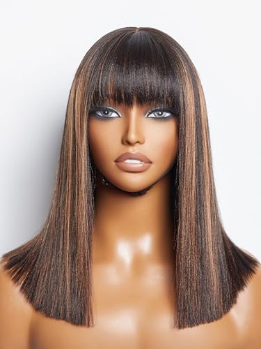 LUVME HAIR Yaki-Bob-Perücke, 35,6 cm lang, mit Pony, braune Highlights, Echthaar, klebefrei, HD-Spitze, sofort einsatzbereit, für Frauen, 180 % Dichte, atmungsaktive Kappe LUVME HAIR Yaki-Bob-Perücke, 35,6 cm lang, mit Pony, braune Highlights, Echthaar, klebefrei, HD-Spitze, sofort einsatzbereit, für Frauen, 180 % Dichte, atmungsaktive Kappe von LUVME HAIR