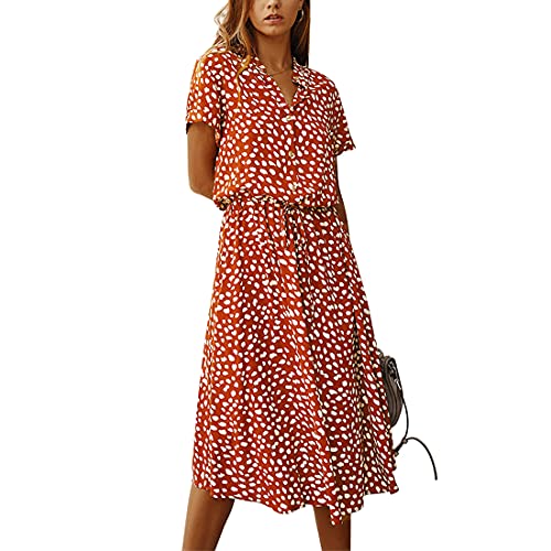 LUVOEURE Damen Sommer Maxikleid Polka Dot Boho Kurzarm Casual V-Ausschnitt Midi Kleider Knielang Cocktail Freizeitkleider für Damen Orange L von LUVOEURE