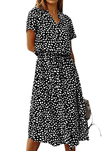 LUVOEURE Damen Sommer Maxikleid Polka Dot Boho Kurzarm Casual V-Ausschnitt Midi Kleider Knielang Cocktail Freizeitkleider für Damen Schwarz M von LUVOEURE