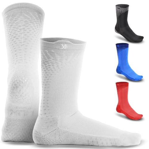 LUX Sports V2 Rutschfeste Dünne Fußball-Gripsocken - Einheitsgröße, Weiß, Knöchelhoch - Volleyball Socken Rutschfest & American Football Socken Weiß - Anti-Blasen Gummi-Pads & Polsterung von LUX Sports