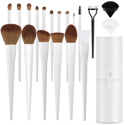LUXBRU Make-up-Pinsel-Set, 20-teilig, professionelles Set mit Foundation-, Puder-, Lidschatten- und Augenbrauenpinsel, Etui und Halter, Weiß von LUXBRU
