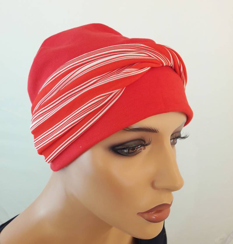 2 Teil. Leichte Damen Beanie Stirnband Mütze-In Knall Rot -Reine Baumwolle Jersey Chemo Alopezie Statt Perücke von LUXEKOPF