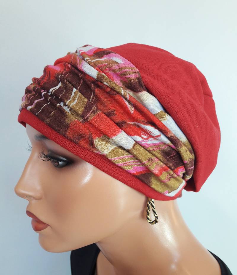 Attraktive Damen Mütze Beanie Stirnband in Dunkel Rot 2 Teilig Reine Baumwolle Jersey Chemo Alopezie von LUXEKOPF