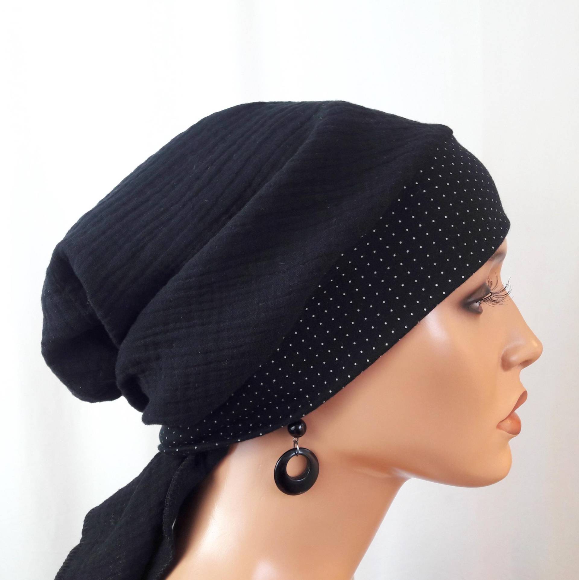 Attraktiwe Bandana Kopftuch Als Mütze Ohne Binden Schwarz Feine Baumwolle/Musselin Jersey Rieb-Band Getupft Chemo, Alopezie Statt Perücke von LUXEKOPF