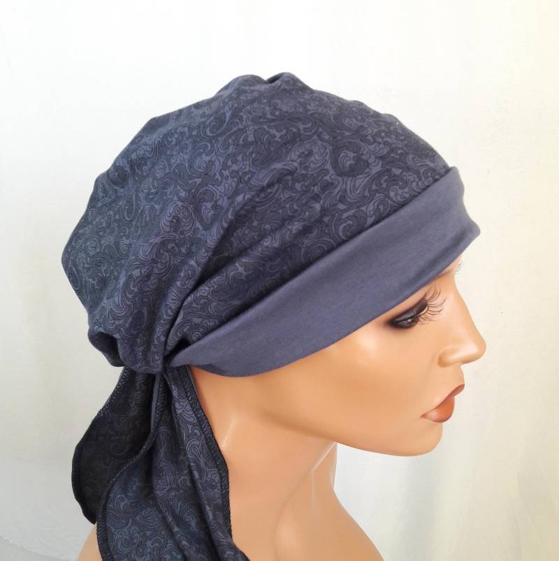 Bandana Kopftuch/Mütze Dunkel Grau Muster Beidseitig Tragbar 100% Baumwolle/Jersey Ohne Binden, Keine Synthetik Chemo Alopezie Statt Perücke von LUXEKOPF