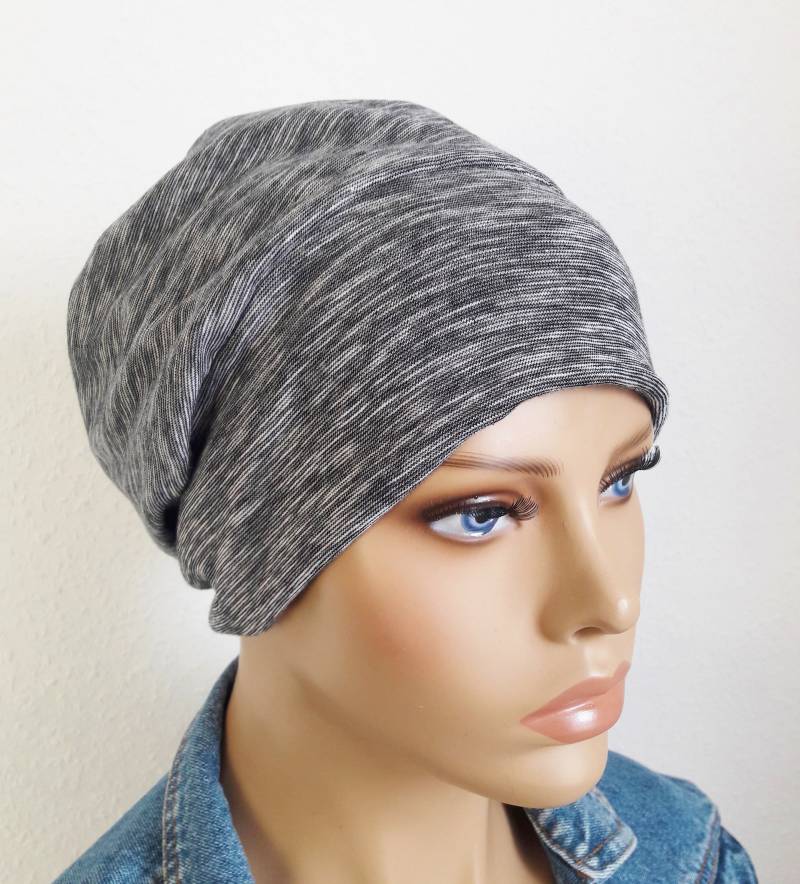 Damen Beanie Ballonmütze Doppellagig Mütze Turban Grau Weiß Meliert Jersey Gemütlich Chemo Alopezie Statt Perücke von LUXEKOPF