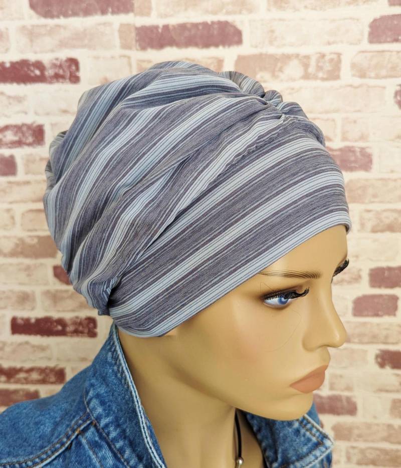 Damen Beanie Ballonmütze Doppellagig Mütze Turban Grau Weiß Strefen Jersey Gemütlich Chemo Alopezie Statt Perücke von LUXEKOPF