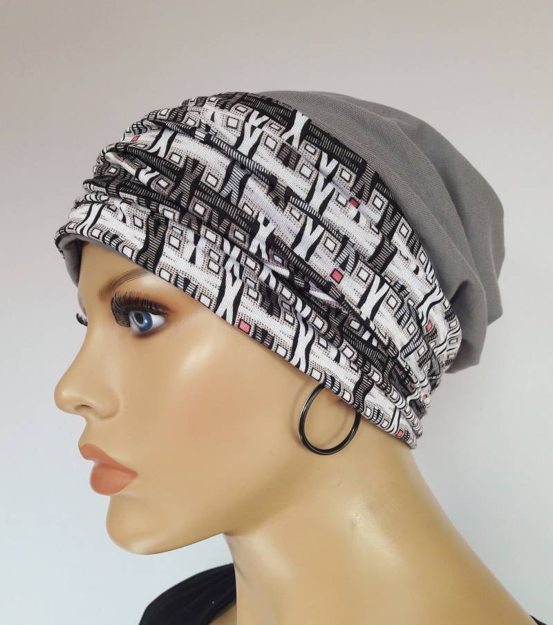Damen Mütze Beanie Doppellagig Grau Stirnband Weis 2 Teilig Auch Chemo Alopezie Statt Perücke von LUXEKOPF