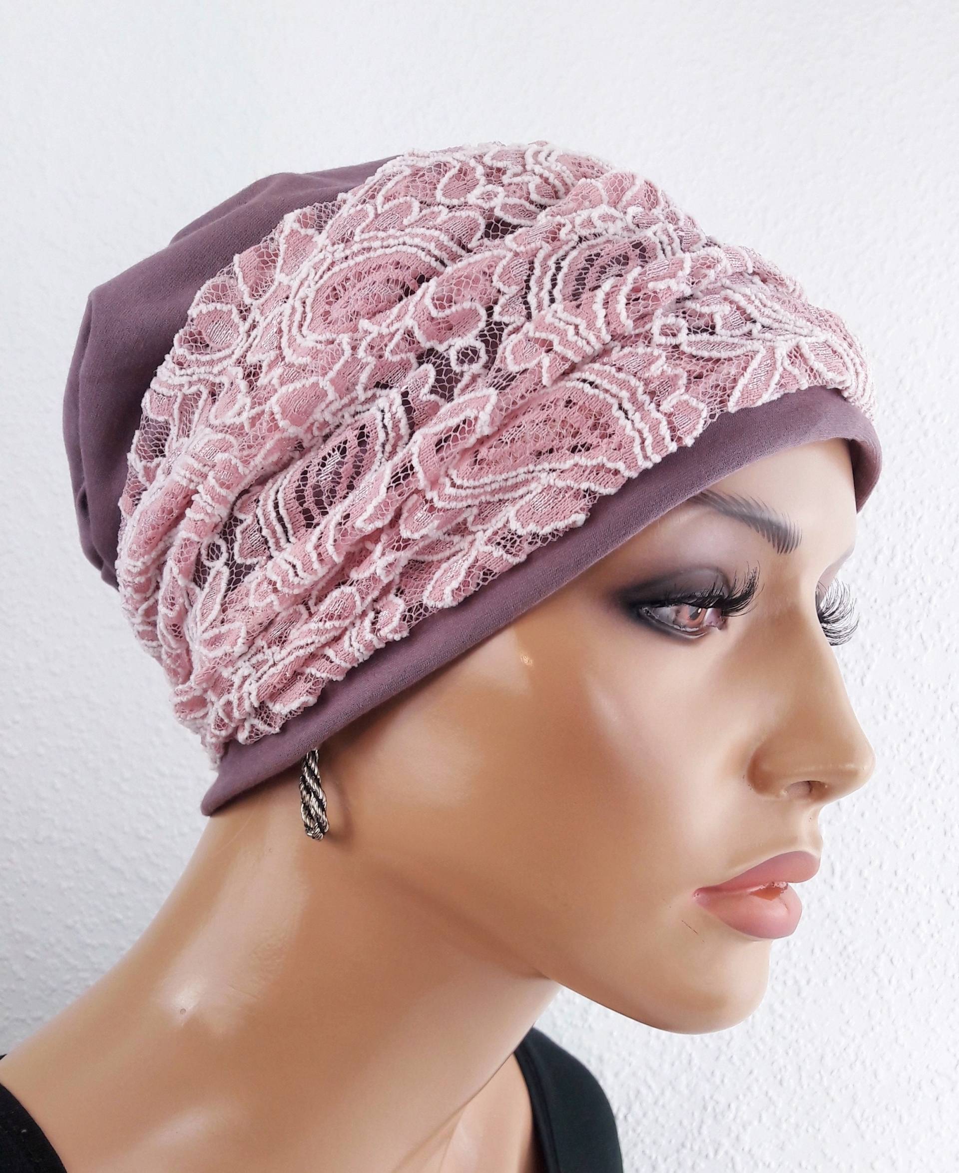 Damen Mütze Beanie Longmütze Altrosa Beidseitig Tragbar + Spitzen Stirnband Rosa Statt Perücke Auch Chemo Alopezie von LUXEKOPF