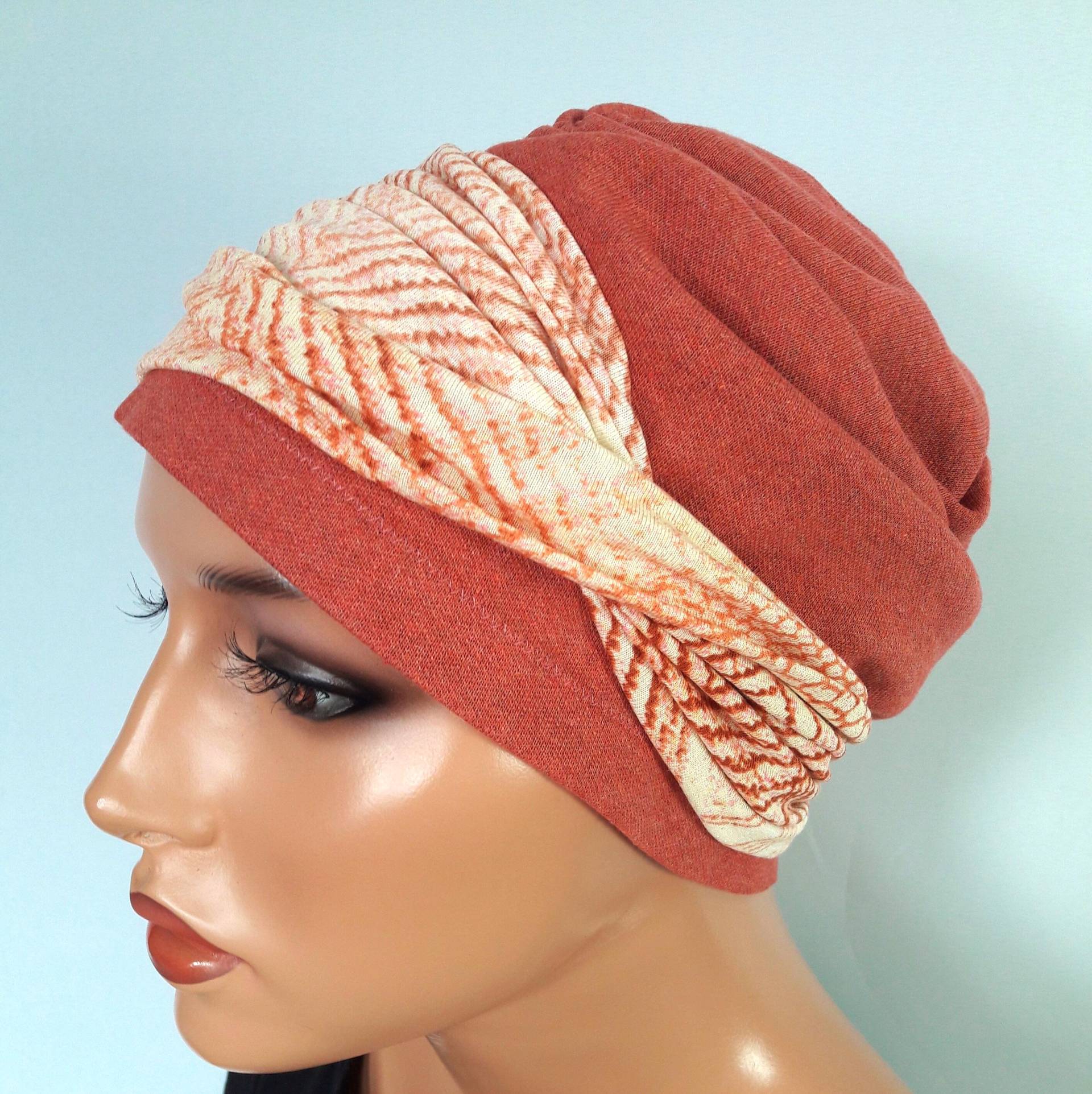 Damen Mütze Beanie Turban Braun Dunkel Orange Weis 2 Teilig Auch Chemo Alopezie Statt Perücke von LUXEKOPF