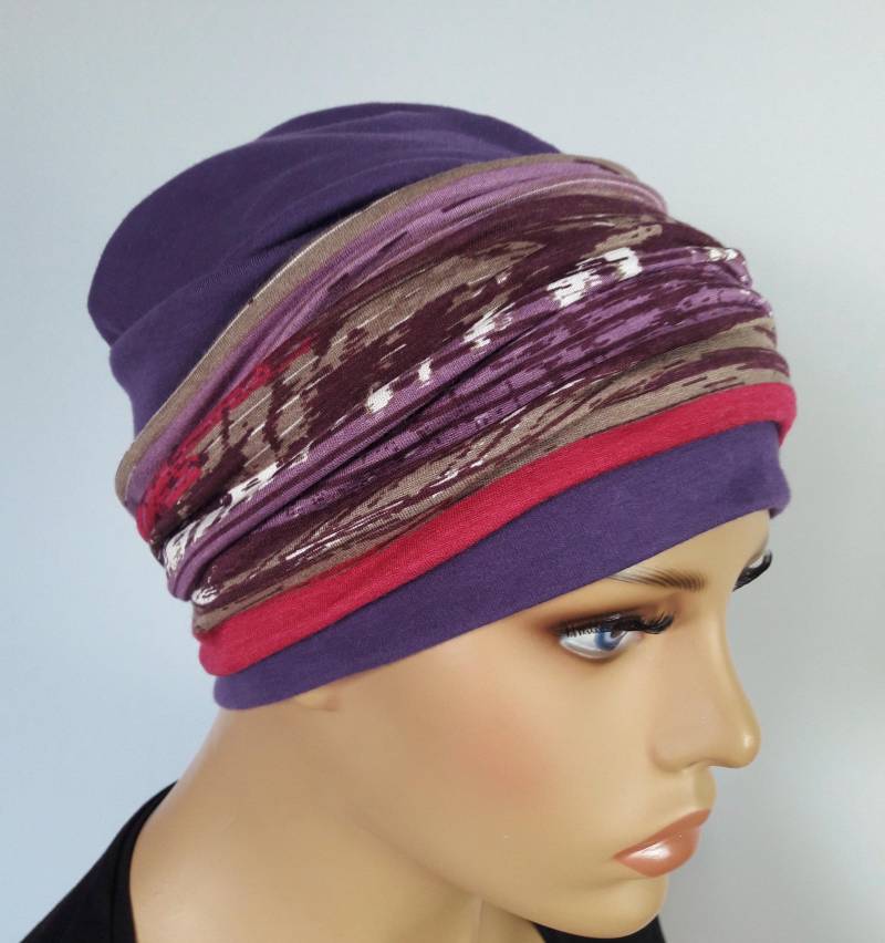 Damen Mütze Beaniemütze Caps Doppellagige Lila Violet Bunte Stirnband 2 Teilig Chemo Alopezie Statt Perücke von LUXEKOPF