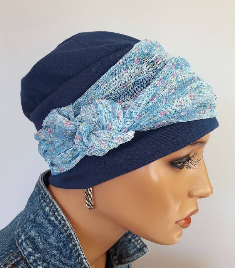 Damen Mütze Beaniemütze Doppellagig D. Blau Mit Stirnband Turban Blumen H. 2 Teilig. Chemo Alopezie von LUXEKOPF