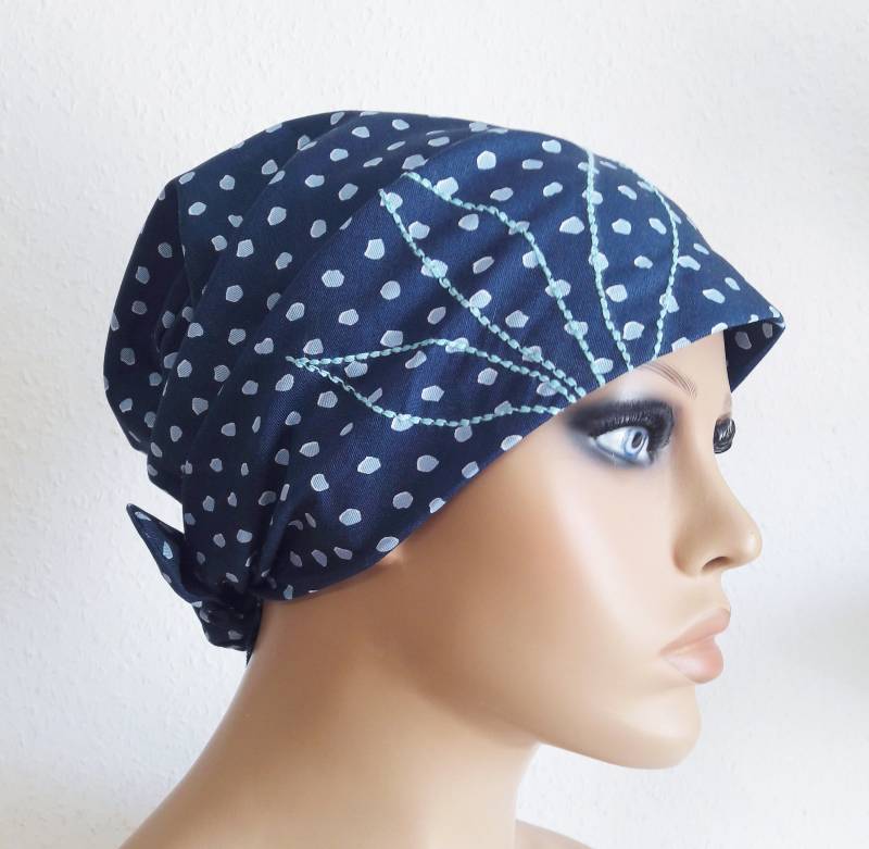 Damen Sommer Kopftuch Als Mütze Bestickt Cabriotuch Bandanna Blau Tupfen 100% Baumwolle Batist Chemo Krebs Statt Perücke von LUXEKOPF