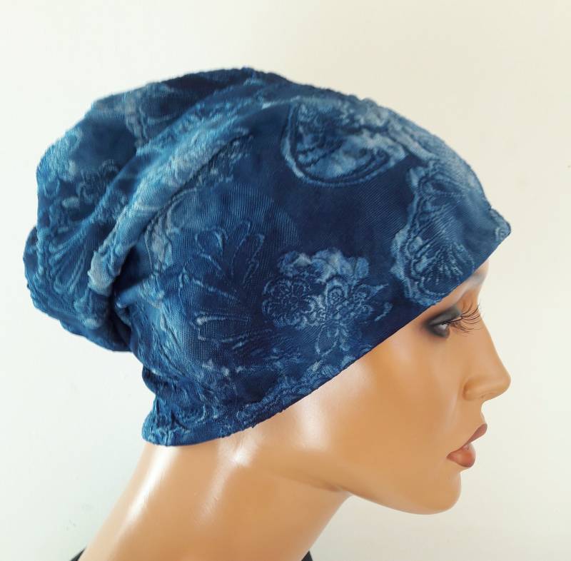 Damen Wendemütze Mütze Beanie Caps Jersey Blau Batik 2 Seitig Chemo Alopezie Statt Perücke von LUXEKOPF