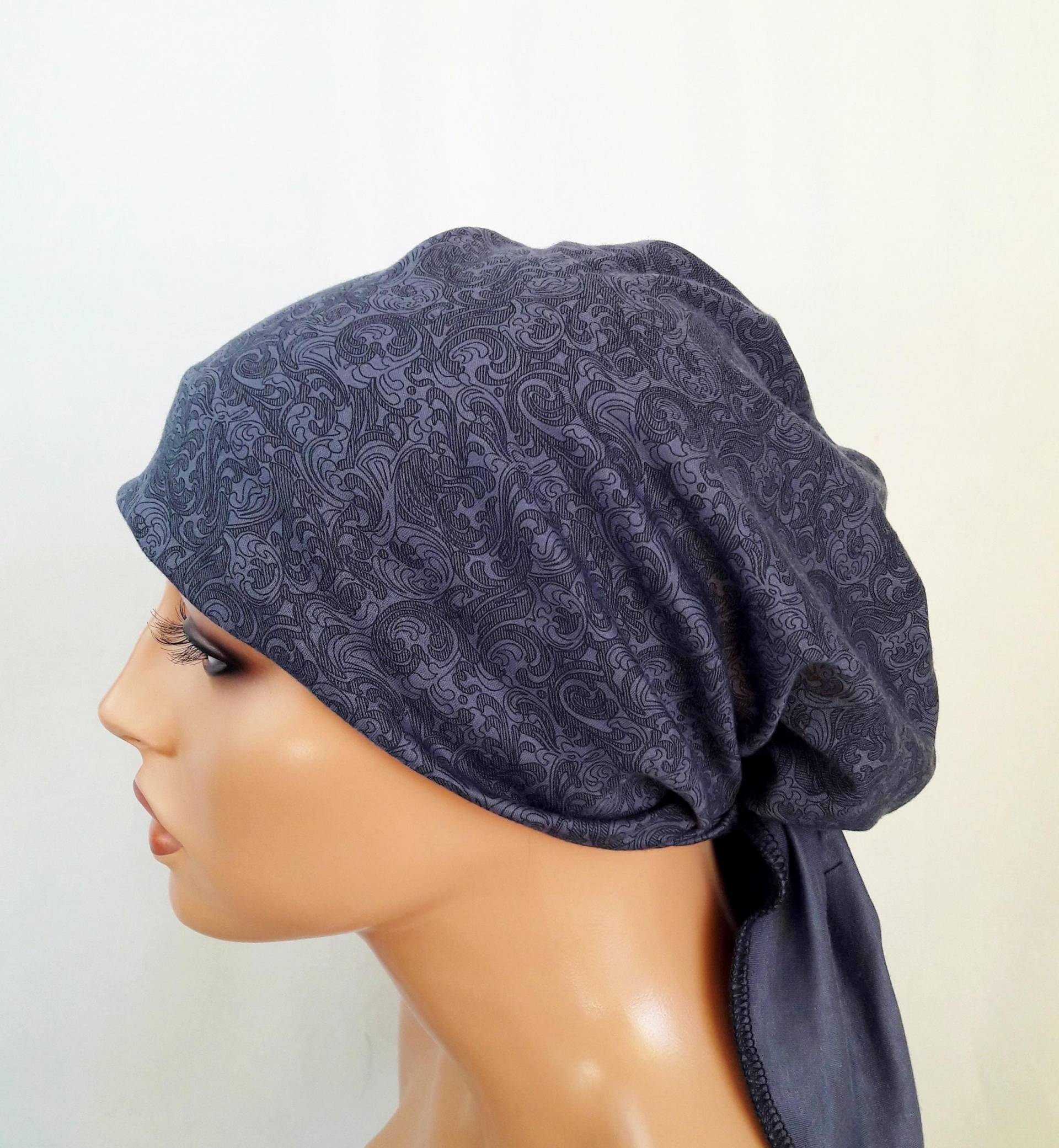 Leichte Damen Kopftuch/Mütze in Grau Muster Beidseitig Tragbar 100% Baumwolle Jersey Ohne Synthetik Chemo Alopezie Statt Perücke von LUXEKOPF