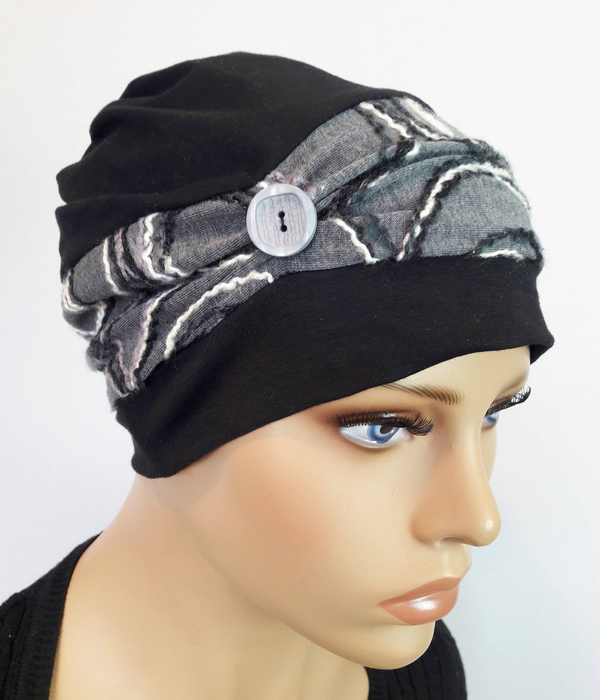 Luxus Damen Wendemütze Mütze Beanie Caps Jersey Schwarz Grau Chemo Alopezie Statt Perücke von LUXEKOPF