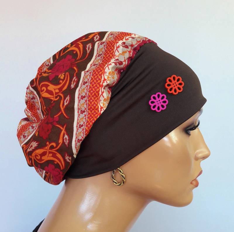 Luxus Mütze Ballonmütze Baskenmütze Braun Weinrot Orang Baumwolle +Jersey Doppellagig Chemo Alopezie von LUXEKOPF