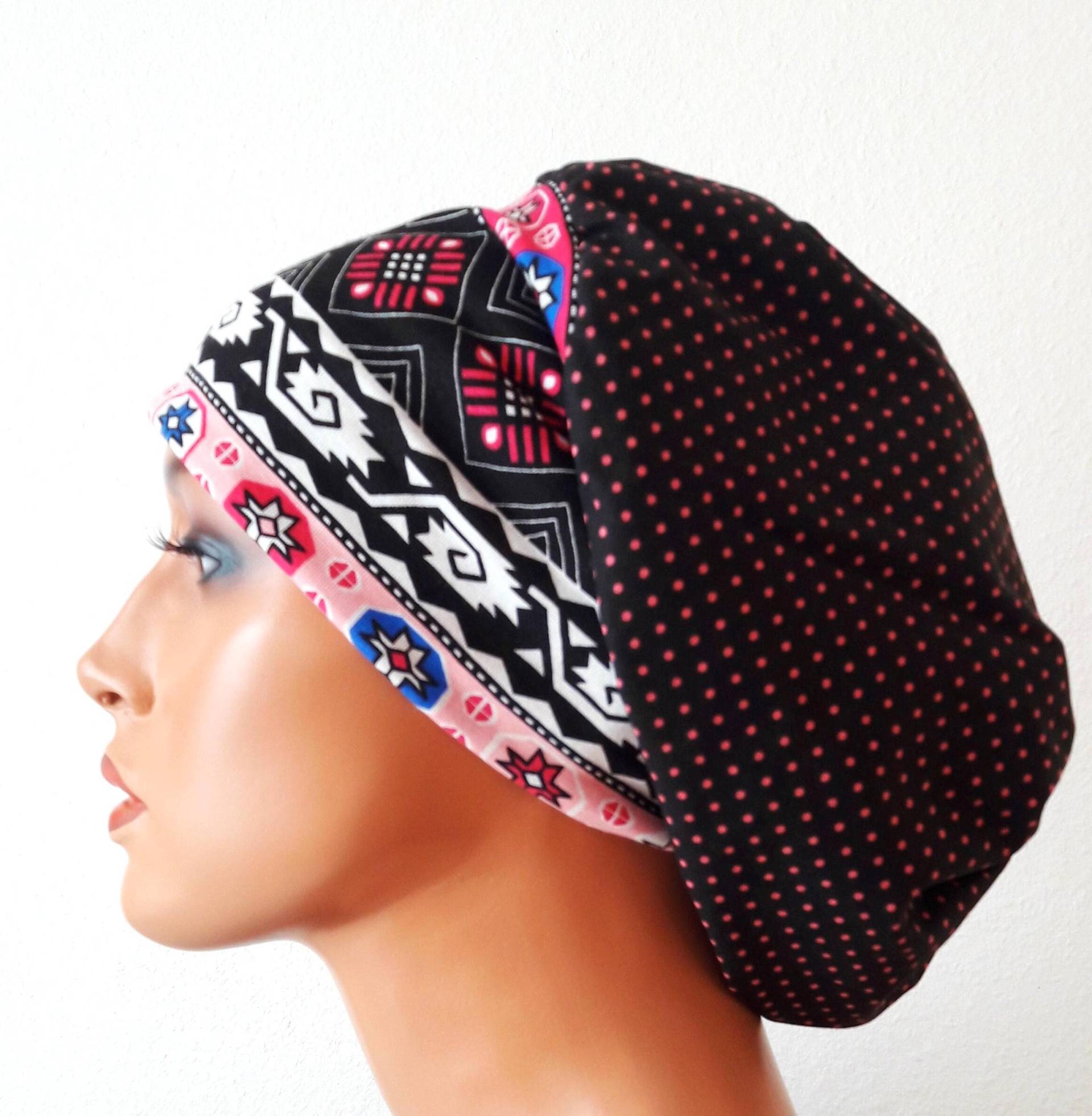 Luxus Mütze Ballonmütze Baskenmütze Turban Schwarz Rosa Punkten Rieb/Band - Bunte Streifen Hautfreundliche Stoff Chemo Alopezie Satt Perücke von LUXEKOPF
