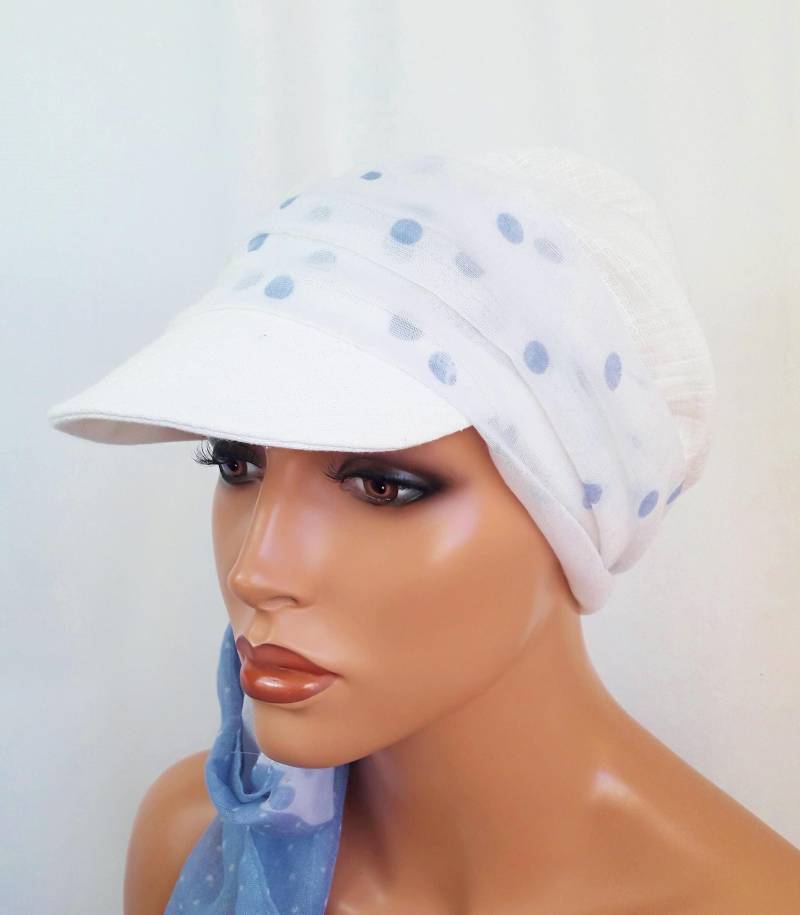 Luxus Sommer Schirmmütze Bw-Musselin-Mütze Mit Wickeltuch Weiß Blau-Tupfen Super Leicht 2 Teil. Auch Für Chemo Alopecia Bandana von LUXEKOPF