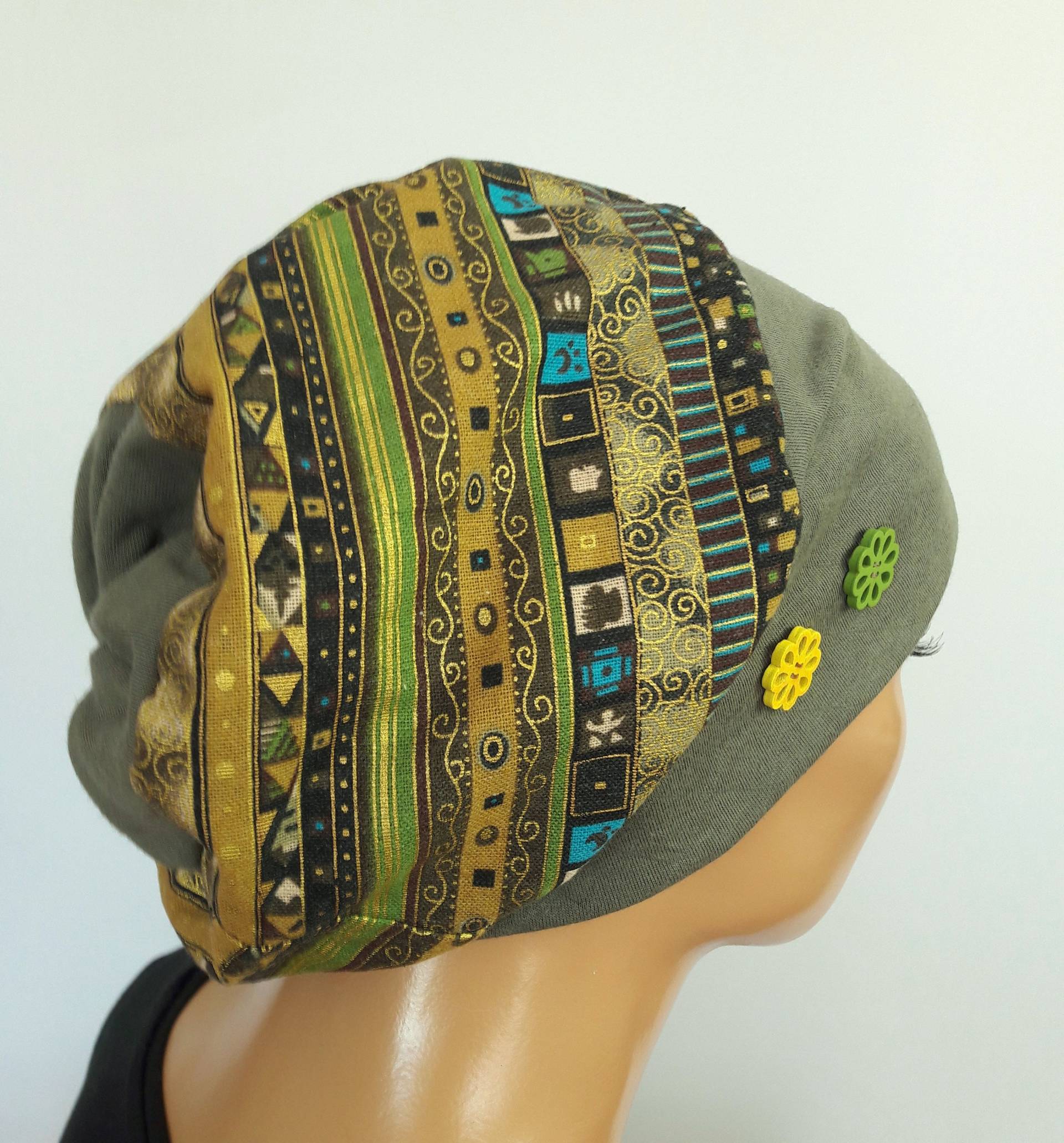 Originelle Damen Ballonmütze Mütze Beanie Oliv Khaki Gold Bunt 100% Baumwolle Chemo Alopezie Statt Perücke von LUXEKOPF