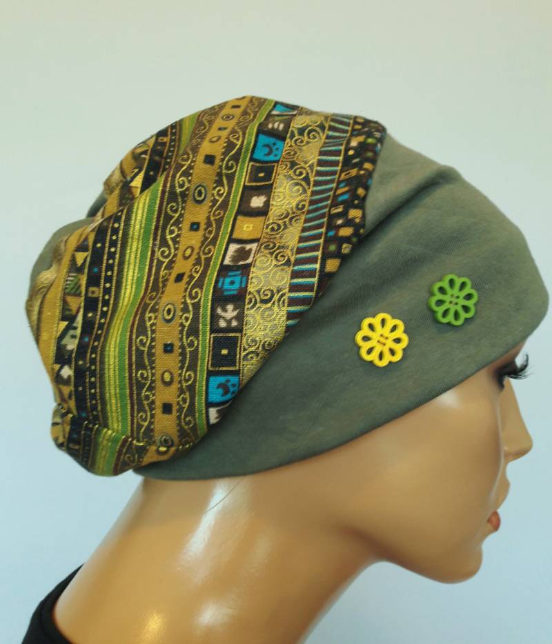 Originelle Damen Ballonmütze Mütze Beanie Oliv Khaki Grün Bunt 100% Baumwolle Chemo Alopezie Statt Perücke von LUXEKOPF