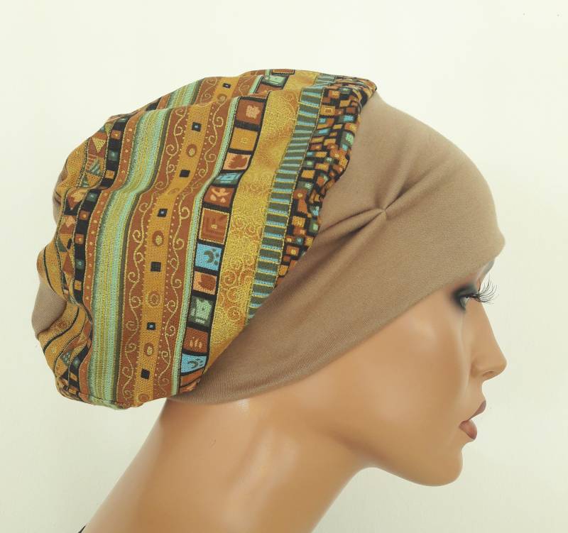 Sommer Damen Kopfbedeckung Ballonmütze Mütze Beanie Baskenmütze Beige Braun Gold Bunt 100% Baumwolle Chemo Alopezie Statt Perücke von LUXEKOPF