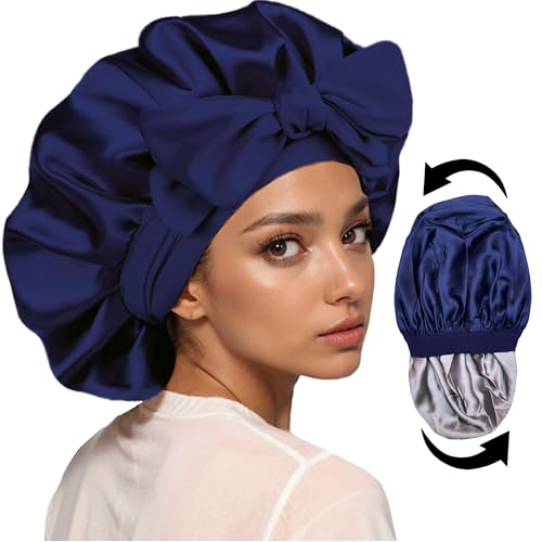 Satinhaube für schlafende Frauen, Seidenhaube, doppellagig, verstellbare Seidenkappe, Schal, Wickel für lockiges Haar, mit Bindeband, schläfrige Duschhaube (Marineblau + Silbergrau) von LUXELAYER