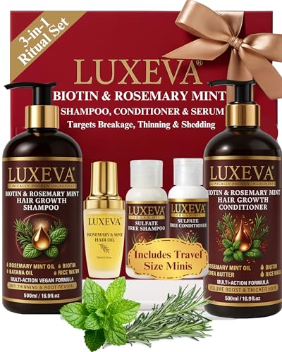 LUXEVA 3-in-1 Biotin & Rosmarinöl für Haarwachstum Shampoo und Conditioner Sets | Sulfatfreies Haarausfall-Shampoo für Frauen & Männer | DHT-Blocker, Verdickung & Anti-Ausdünnung Behandlung | 3 Monate LUXEVA 3-in-1 Biotin & Rosmarinöl für Haarwachstum Shampoo und Conditioner Sets | Sulfatfreies Haarausfall-Shampoo für Frauen & Männer | DHT-Blocker, Verdickung & Anti-Ausdünnung Behandlung | 3 Monate von LUXEVA