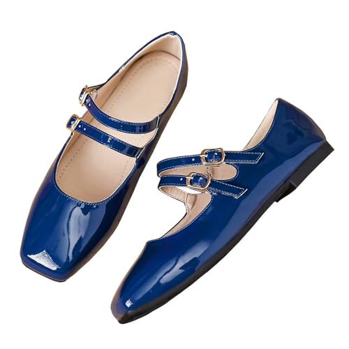 LUXINYU Mary Jane Flache Ballerinas für Damen, elegant, Retro, quadratischer Zehenbereich, Knöchelriemen, bequeme Lacklederschuhe, 2480 Marineblau, 39.5 EU von LUXINYU