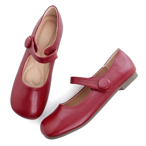 LUXINYU Mary Jane Flache Ballerinas für Damen, elegant, Retro, quadratischer Zehenbereich, Knöchelriemen, bequeme Lacklederschuhe, Weinrot, 38.5 EU LUXINYU Mary Jane Flache Ballerinas für Damen, elegant, Retro, quadratischer Zehenbereich, Knöchelriemen, bequeme Lacklederschuhe, Weinrot, 38.5 EU von LUXINYU