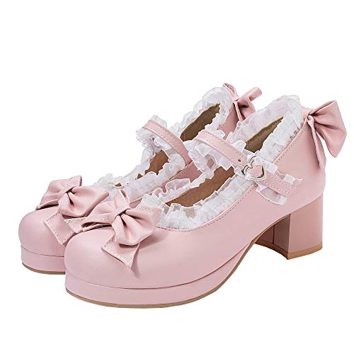 LUXMAX Damen Kawaii Schuhe Mid Blockabsatz Mary Jane Rockabilly Pumps mit Schleife, rose, 39 EU von LUXMAX