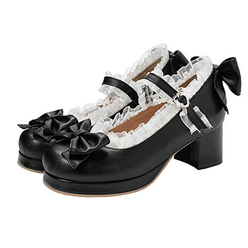 LUXMAX Damen Kawaii Schuhe Mid Blockabsatz Mary Jane Rockabilly Pumps mit Schleife, schwarz, 37.5 EU von LUXMAX