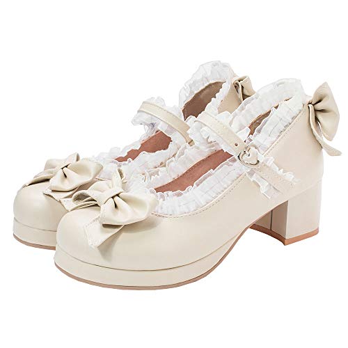 LUXMAX Frauen Kawaii Mid Block Heel Mary Jane Rockabilly Pumps mit Schleife Plateau Chunky Heel Cute Sweet Shoes, Beige, 40.5 EU von LUXMAX