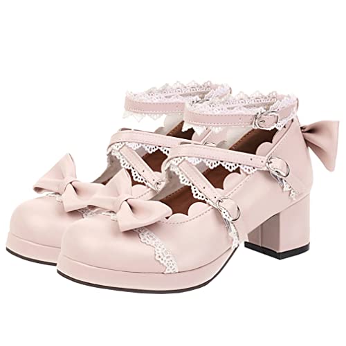 LUXMAX Lolita Cosplay-Schuhe für Damen, gekreuzte Riemen, Blockabsatz, Mary Jane, Spitze, Pink, 40.5 EU von LUXMAX