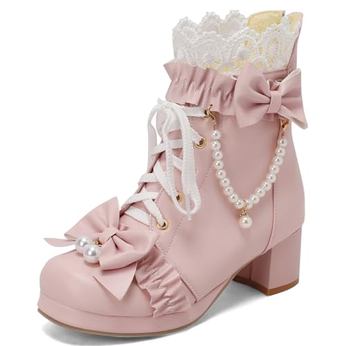 LUXMAX Niedliche Lolita-Stiefel für Damen, klobiger mittelhoher Absatz, Stiefelette mit Schleife, Plateau-Schnürung, Booties mit Perle, Pink, 38.5 EU LUXMAX Niedliche Lolita-Stiefel für Damen, klobiger mittelhoher Absatz, Stiefelette mit Schleife, Plateau-Schnürung, Booties mit Perle, Pink, 38.5 EU von LUXMAX