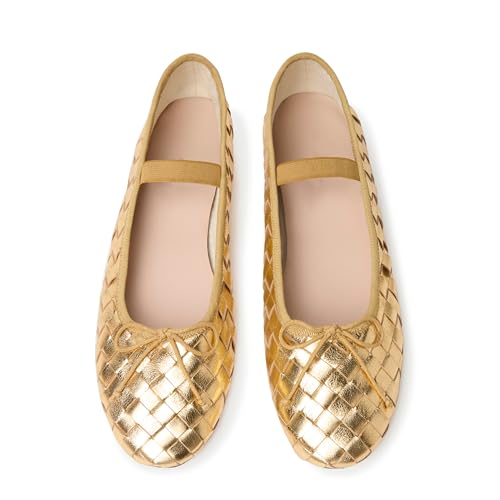 LUXMUWA Gewebte Ballerinas für Damen mit Schleife, runder Zehenpartie, zum Reinschlüpfen, Mary Jane Flats, modische Ballerinas mit elastischem Riemen, Goldfarben, 39 EU LUXMUWA Gewebte Ballerinas für Damen mit Schleife, runder Zehenpartie, zum Reinschlüpfen, Mary Jane Flats, modische Ballerinas mit elastischem Riemen, Goldfarben, 39 EU von LUXMUWA