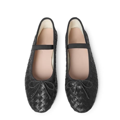 LUXMUWA Gewebte Ballerinas für Damen mit Schleife, runder Zehenpartie, zum Reinschlüpfen, Mary Jane Flats, modische Ballerinas mit elastischem Riemen, Schwarz, 38 EU LUXMUWA Gewebte Ballerinas für Damen mit Schleife, runder Zehenpartie, zum Reinschlüpfen, Mary Jane Flats, modische Ballerinas mit elastischem Riemen, Schwarz, 38 EU von LUXMUWA