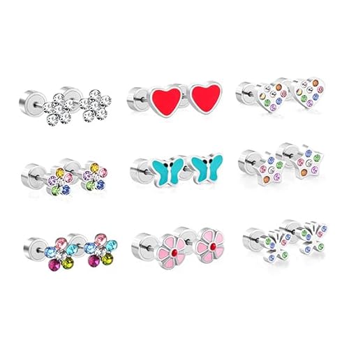 LUXUkisskids 9 Paar hypoallergene zierliche Ohrringe für Frauen – Edelstahl-Ohrstecker mit Schraubverschluss, CZ Herz Stern Blumen-Designs | flache Rückseite Sicherheits-Ohrringe für empfindliche von LUXU kisskids