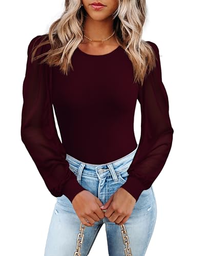LUXVEER Damen Mesh Langarm Shirts 2025 Herbst Rippstrick Fitted Tops Business Elegant Casual Arbeit Blusen, Weinrot, Mittel von LUXVEER