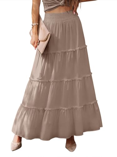 LUXVEER Damen Sommer Boho Flowy Swing Gestuft A-Linie Maxirock Mode Trendy Elastische Taille Langes Strandkleid, Helles Braun, Groß von LUXVEER